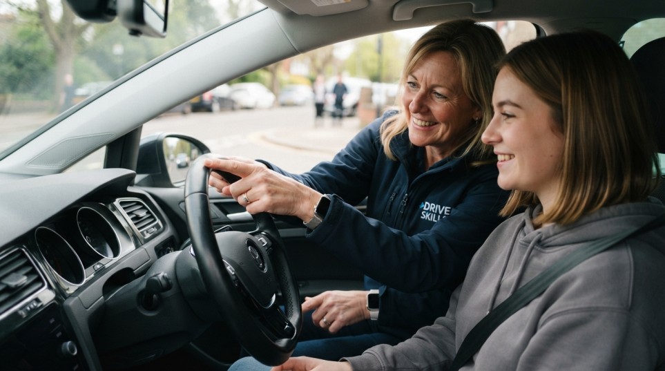 Driving instructor explaining mirror and blind-spot checks to a learner