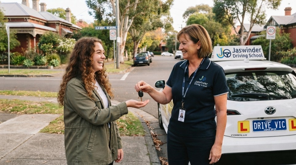 Driving instructor handing over car keys after driving lessons in Wyndham Vale