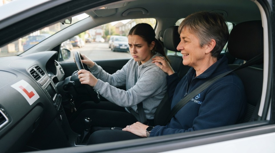Patient driving instructor reassuring a nervous first-time learner before a lesson