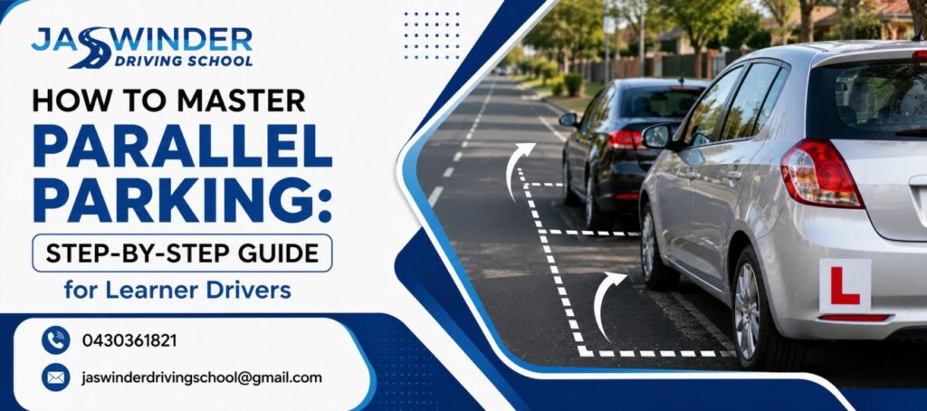Learner driver practising parallel parking during a driving lesson in Melbourne