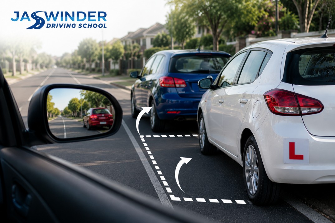 Learner driver practising parallel parking during a driving lesson in Melbourne