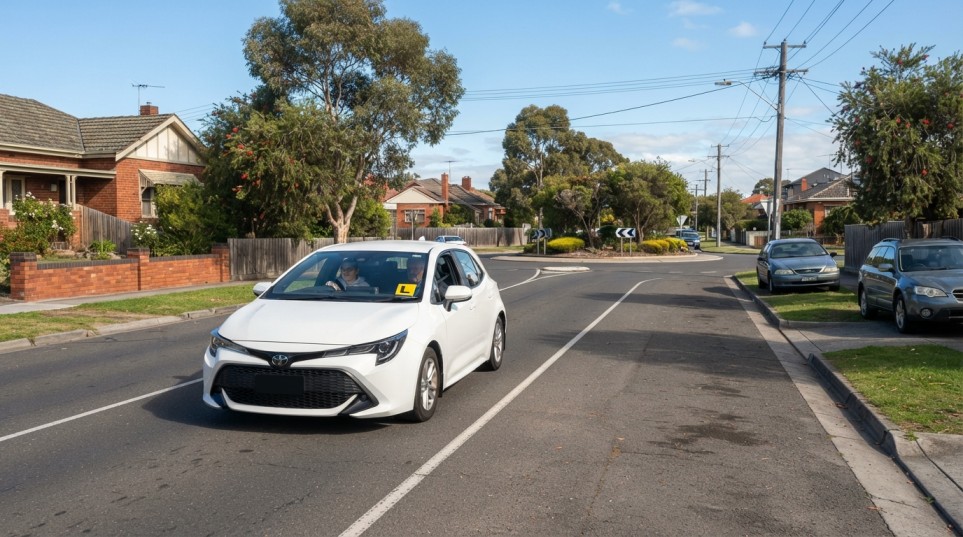 Learner car navigating a roundabout in Melbourne's western suburbs
