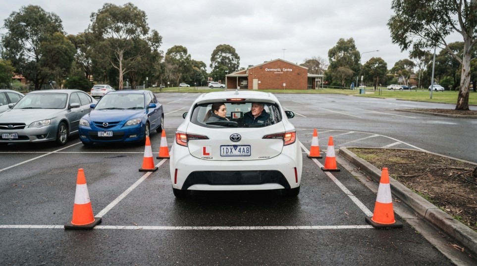 Learner driver practising reverse parking with instructor supervision