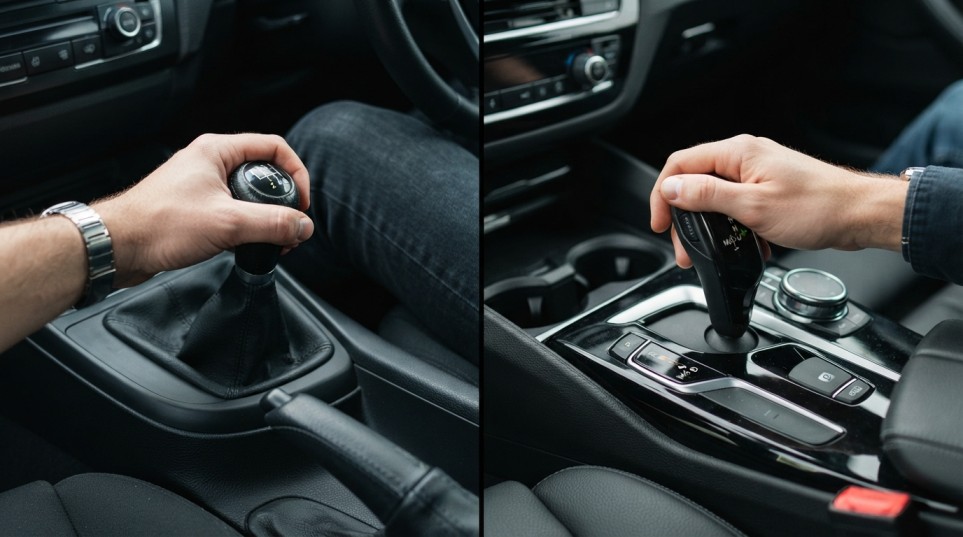 Comparison of manual gear stick and automatic gear selector in a car
