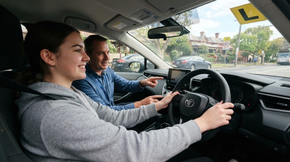 Learner driver receiving instruction during a driving lesson in Melbourne"