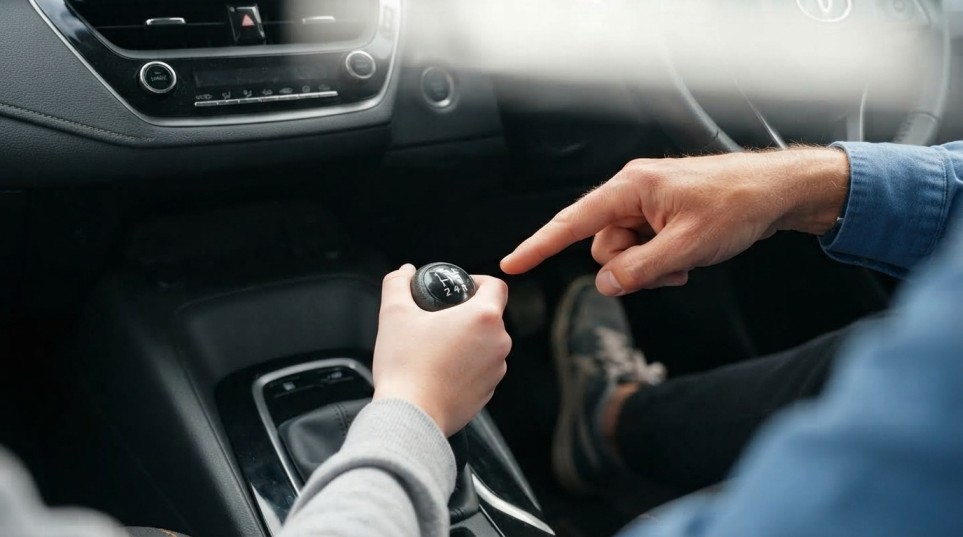 Learner practising clutch and gear control during a manual driving lesson