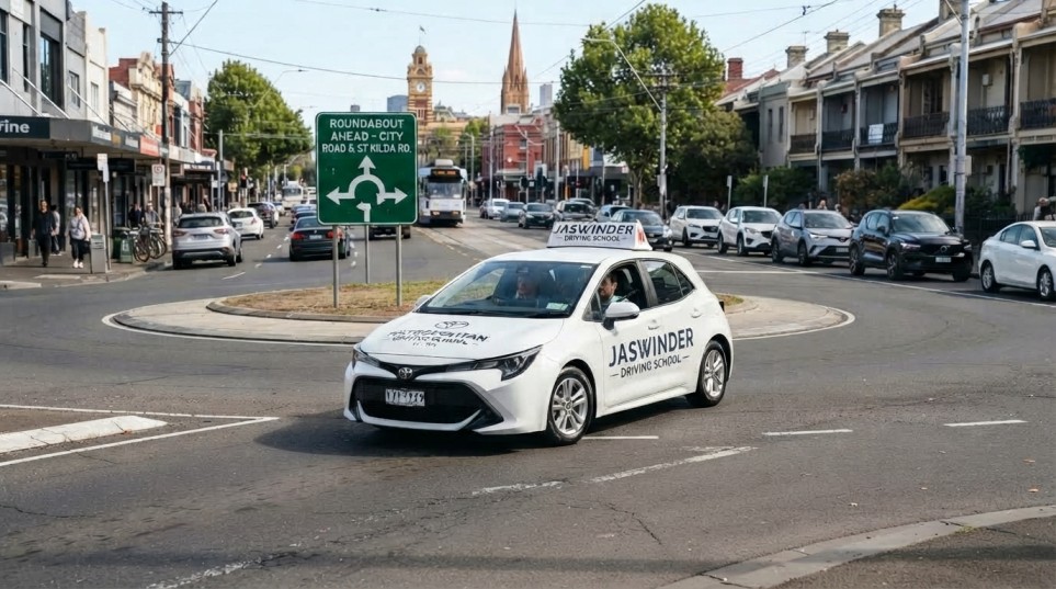 Car navigating a busy Melbourne intersection during a driving lesson